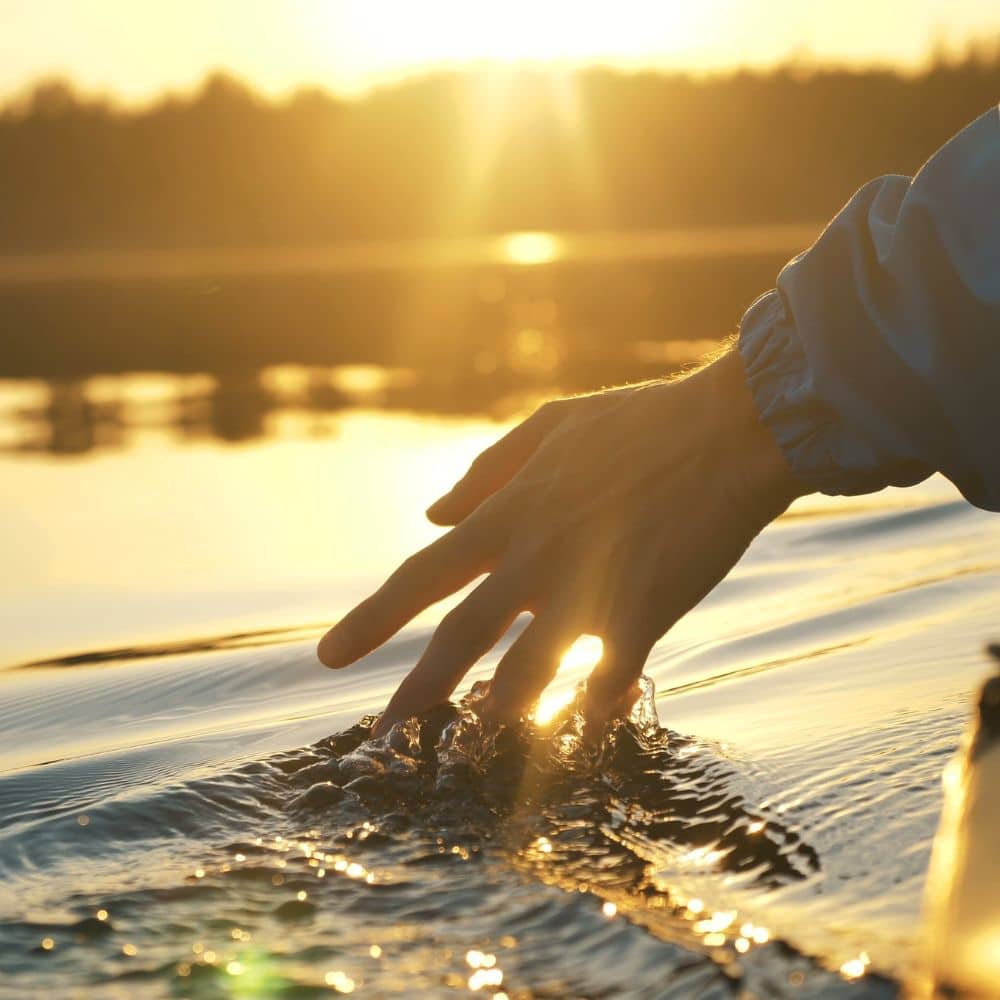 Hand touching water at sunset
